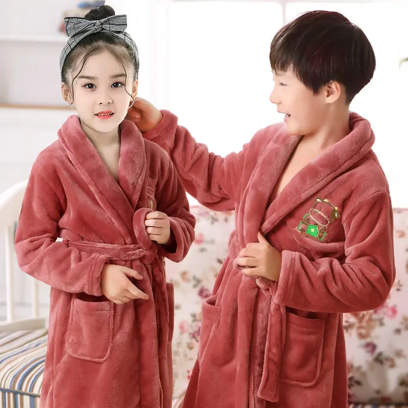 Flannel Bathrobe for Boys and Girls Hooded Bear Bathrobes Kids Baby Dressing Gowns Children Winter Sleepwear 4-14T