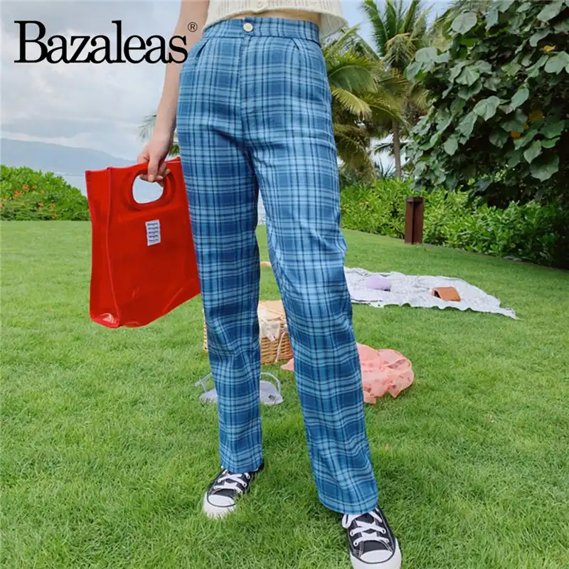 blue tartan pants womens