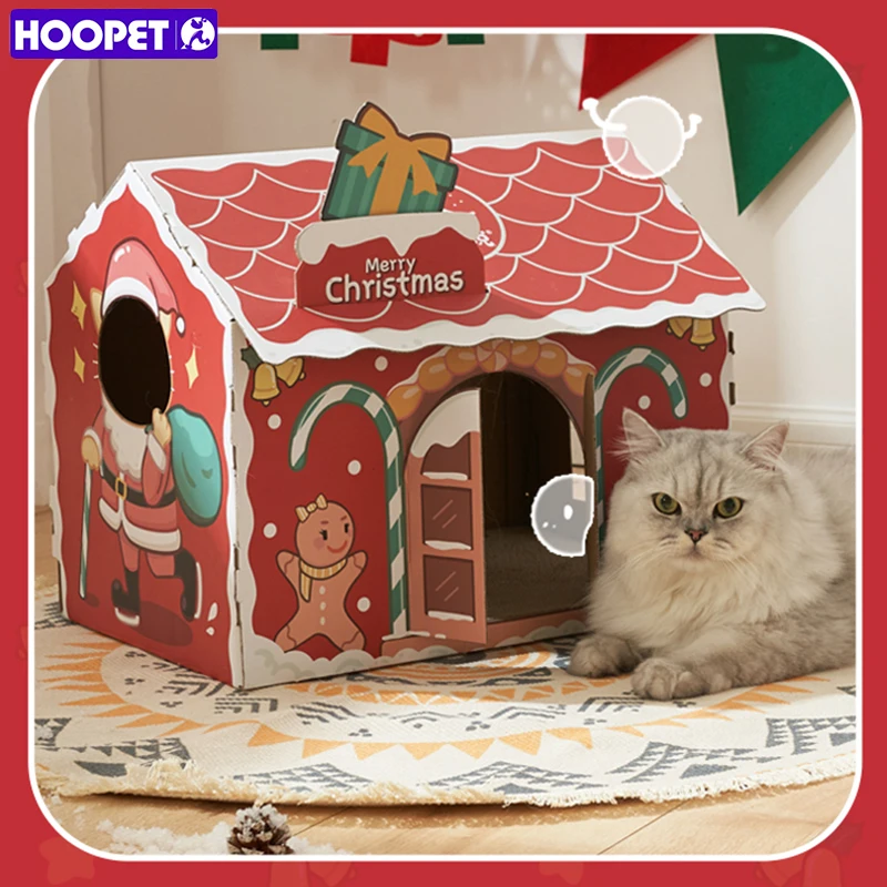 HOOPET 크리스마스 고양이 집 골판지 긁기 애완 동물 침대 골판지 상자, ..