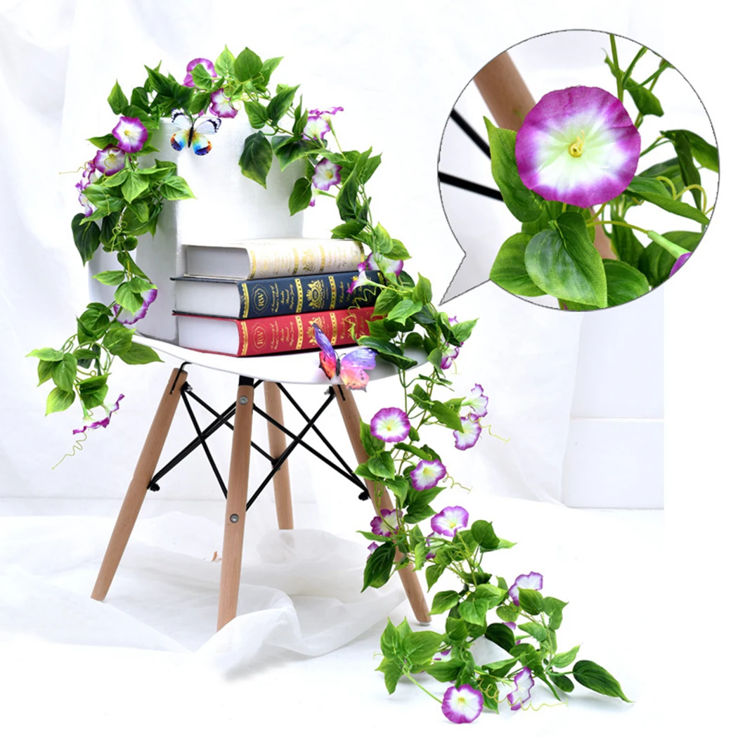 

2PCS Artificial Flower Vine Fake Silk Rattan Flower Wall Hanging Lifelike Morning Glory Flower Garland Hanging Vine For Home