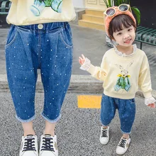 Осень детские штаны для девочек в горошек Джинсы зауженные брюки для малышей на осень, на гусеничном ходу