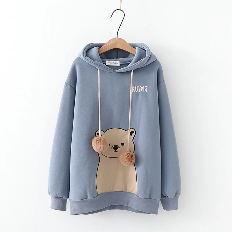 Harajuku Kawaii толстовка с капюшоном и медвежьими ушками, свободные толстовки с длинными рукавами, бархатная Толстая Повседневная Толстовка с капюшоном для девочек, женская одежда, пуловер