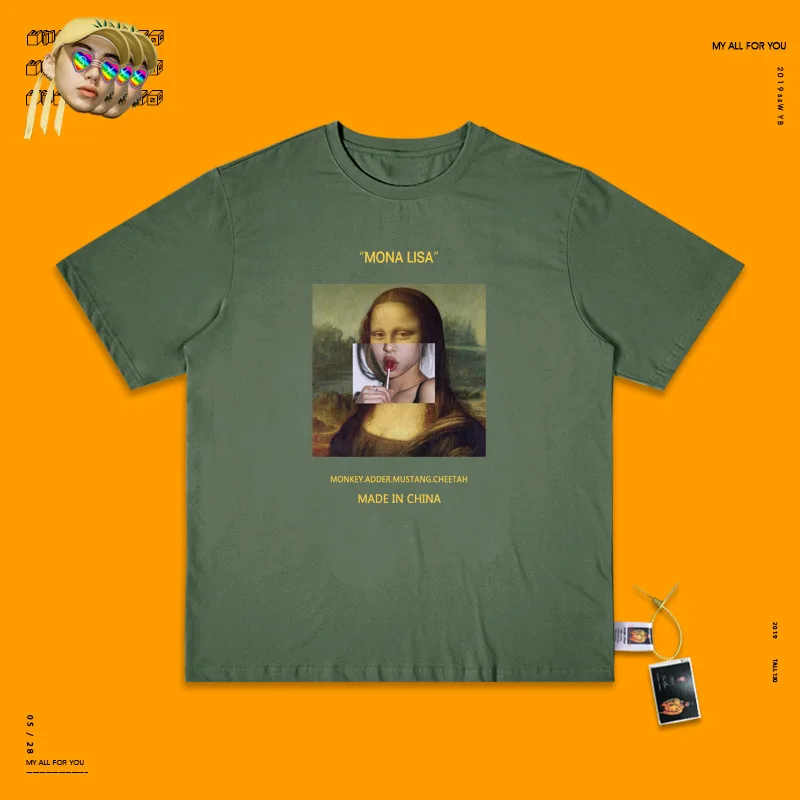 Army green Красивый леденец, леденец, Мона Лиза, короткий рукав, Ulzzang, для школы, для мужчин и женщин, без подкладки - Цвет: Army green