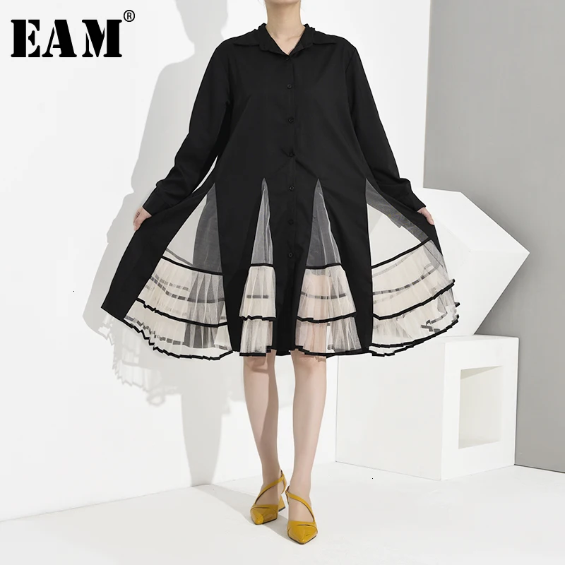 

[EAM] Women Contrast Color Black Organza split Pleated Dress New Lapel Long Sleeve Loose Fit Fashion Spring Autumn 2020 1H8660