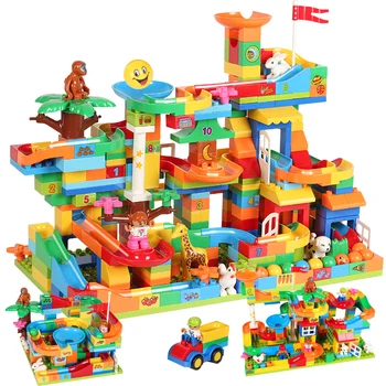 

95-190pcs Big Size Building Block Brick Marble Run Maze Balls Animal Model Dinosaur Track Funnel Slide Blocks Toys For Children