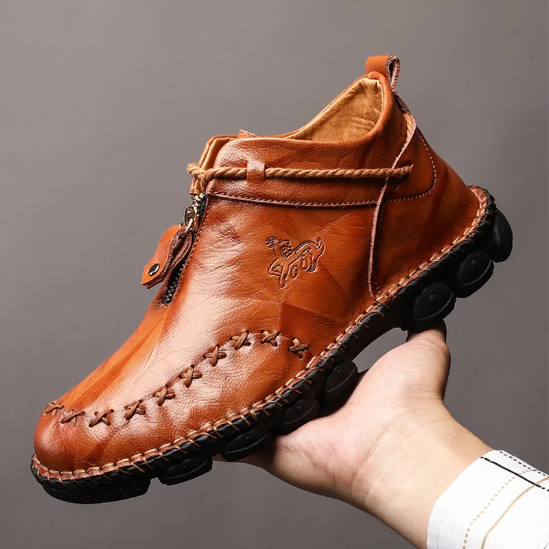 High Quality Genuine Leather Men Boots Fashion Zipper Shoes Male Cow Leather Man Brown Ankle Boots 2019 Autumn Plus Size 38 48