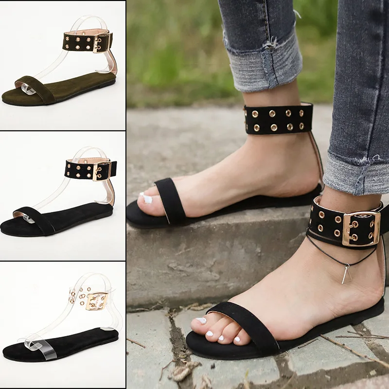 

New large casual flat shoes in spring and summer 2019 women's metal decoration one word buckle belt women's sandals