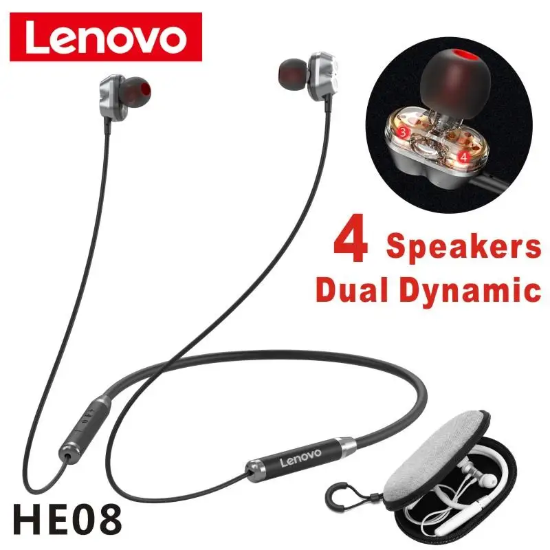

Lenovo HE08 Dual Dynamic Neckband Bluetooth Headphones TWS 5.0 New Upgrade 4 Speakers HIFI Stereo Earphone Sport earphone