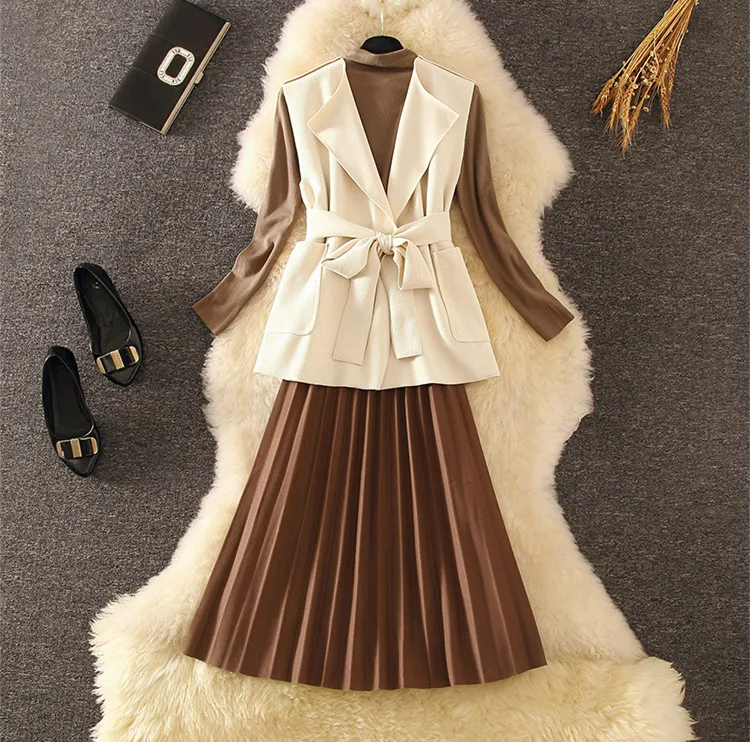 Autumn Winter Dress Suit Women Elegant Beading Long Sleeve Knit Bodycon Mid-Calf Long Sweater Dress Set Casual Spring