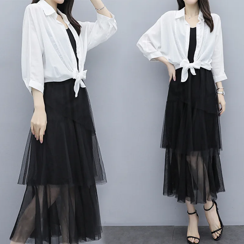 

2020 Spring Clothing New Style Large Size Dress Korean-style Vest Dress + Fashion Sun-resistant kuan song shan Two-Piece Set Fas