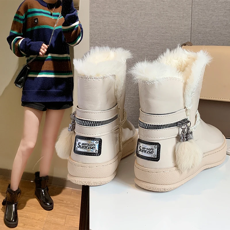Snow boots patent leather women short boots winter wild plus velvet flat bottom white bright face Martin boots women boots