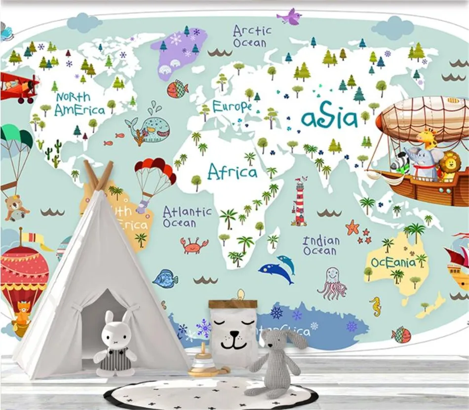 Nordic Cartoon Children’s Room Wall Paper 3D Animal Travel Around The