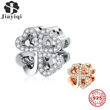 

Jiayiqi Silver & Rose Gold Heart-Shaped 4-Leaf Clover Chamrs 925 Sterling Silver CZ Beads Fit Bracelets DIY Fine Jewelry