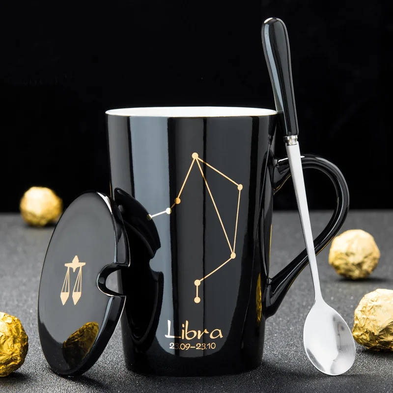 12 созвездий креативные керамические кружки с ложкой крышкой черный и Золотой фарфор Зодиак чашка для кофе с молоком 420 мл кружка для воды