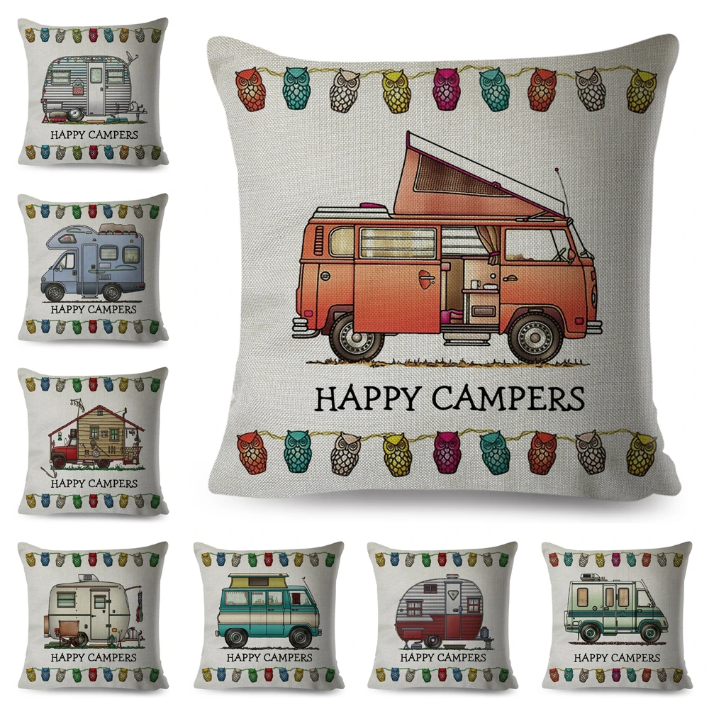 Happy Campers Pillow Case Decor Cartoon House Travel Car Cushion Cover