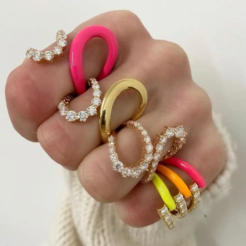 Open adjusted full finger ring for women gold color 5A cubic zirconia Neon enamel band rings