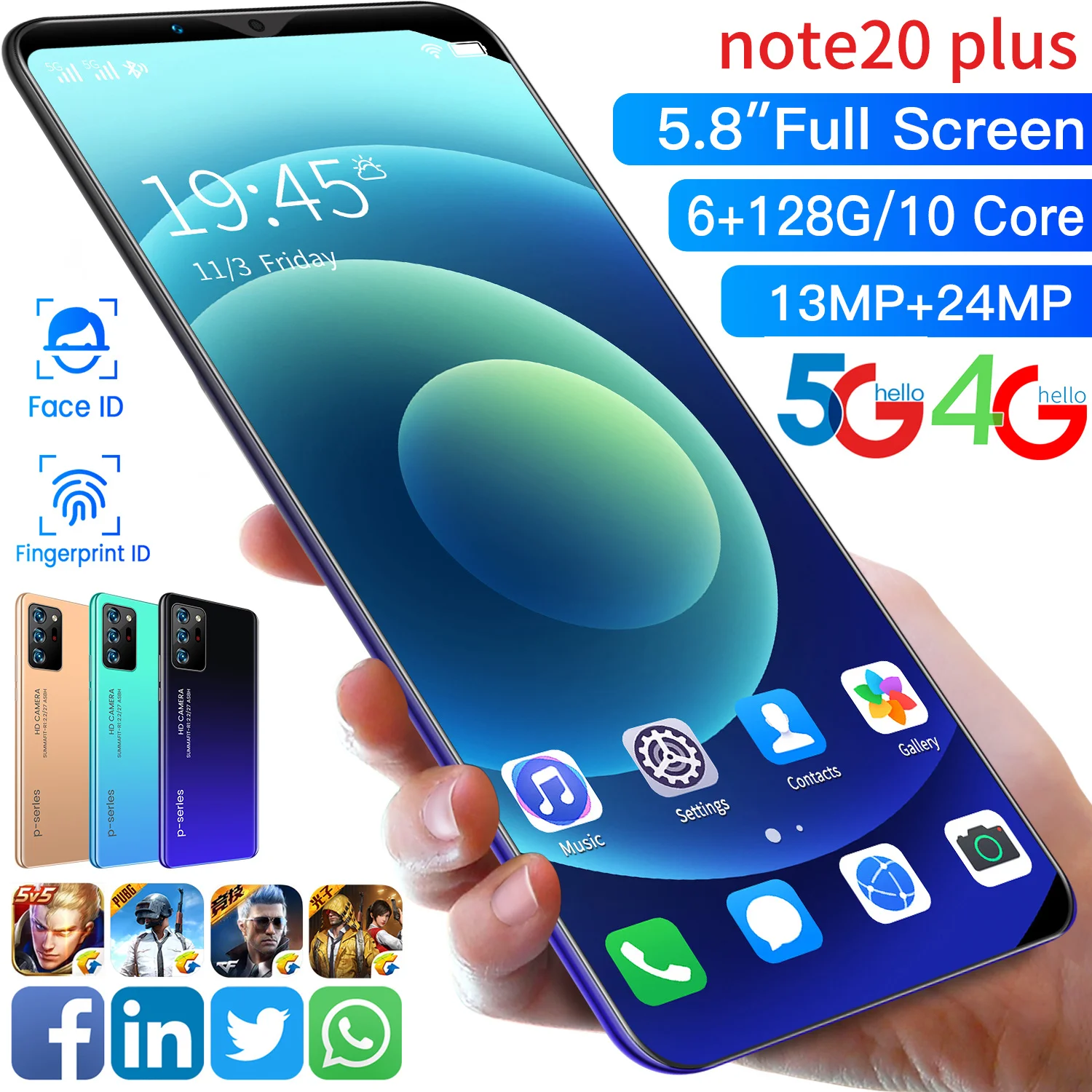 Смартфон Note20 Plus глобальная версия экран 5 8 дюйма 6 + 128 ГБ 10 ядер 13 24 МП отпечаток
