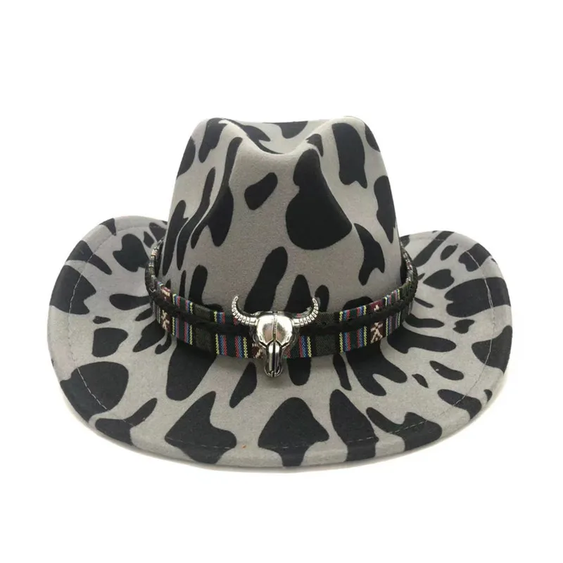  - 2021 cowboy hat jazz cow pattern curved edge monochrome knight felt hat for men and women with big eaves шапка мужская