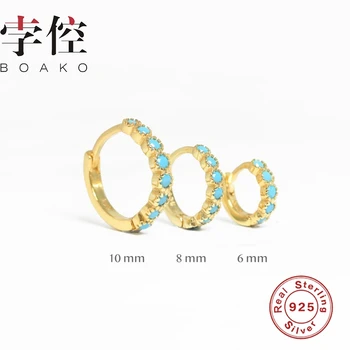 

BOAKO Turquoise 6 8 10MM Earrings Hoops 925 Sterling Silver Earrings For Women Zircon Earring Silver Jewelry Pendientes Brincos