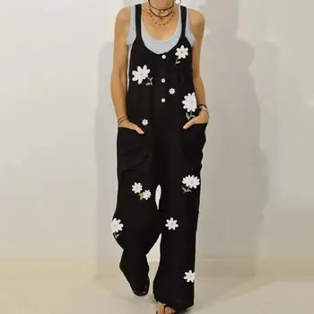 

Women Sleeveless Floral Print Pockets Button Jumpsuit Bib Overall Dungarees