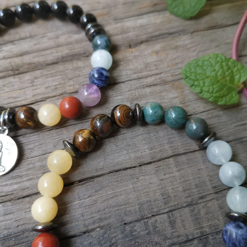 8mm Natural Stone Beads,Prayer Bracelet,Aquamarine,Seven Charm Bracelet,JapaMala Bracelet,Spiritual Jewelry,Meditation Beads