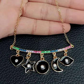 

20'' black Enamel Charm Cubic Zirconia micro Pave gold color plated chain multi shape Pendant Necklace cute for girl