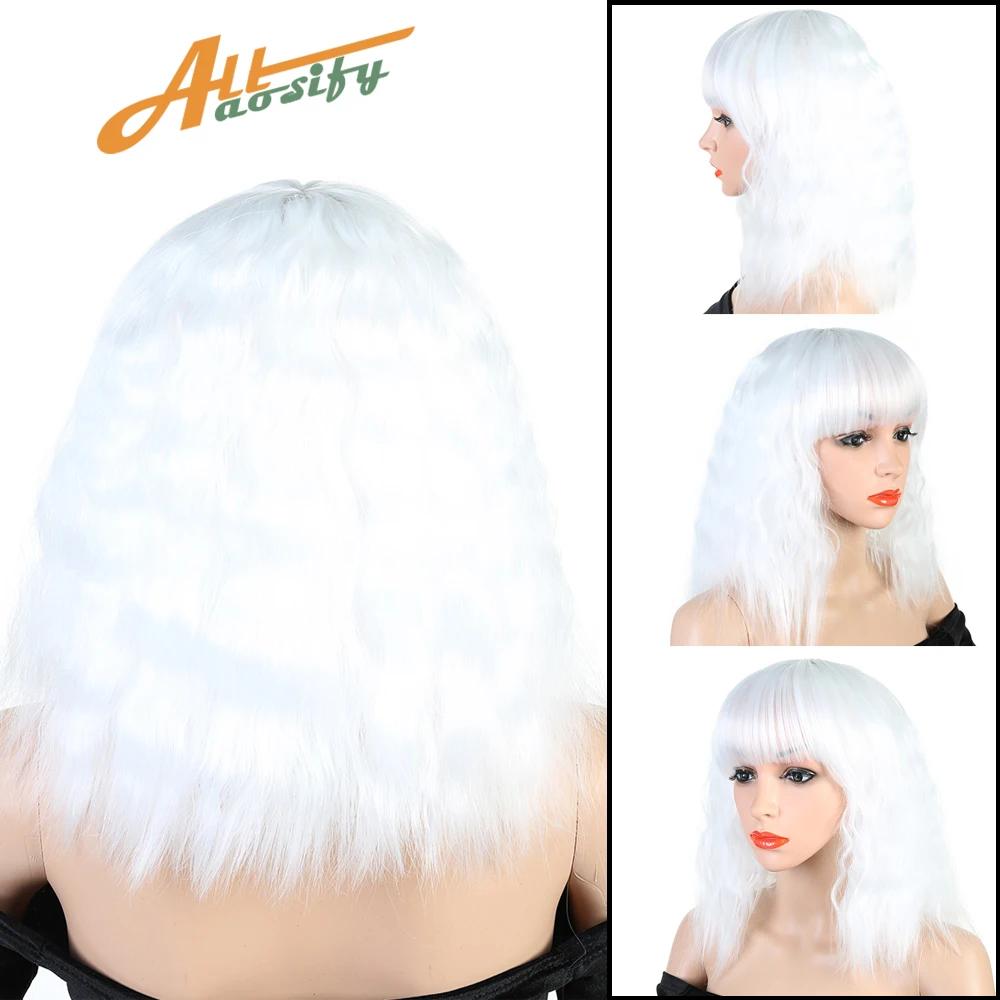 

Allaosily High Quality Medium Natural Curly Hair Synthetic Wigs with Neat Bangs for Women Black Blond gray 3 Colors for Choose