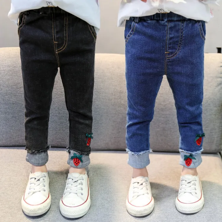 Girls' Trousers Autumn Medium-small Girls Strawberry Crimping Jeans Female Baby Autumn Clothing Korean-style Trousers