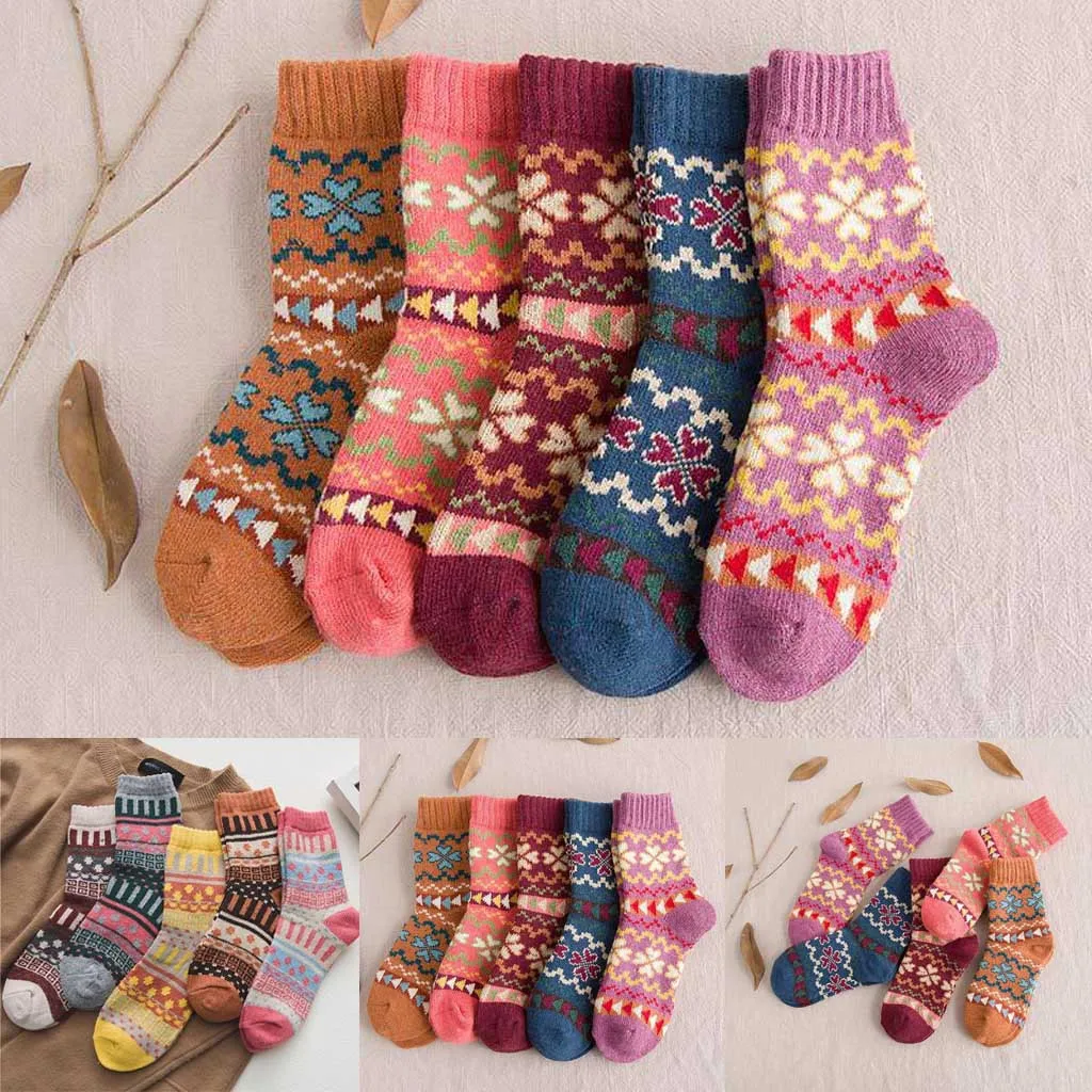 5 пар, женские носки kawaii с принтом носков, в полоску, для улицы, ветронепроницаемые, утолщенные, шерсть, нейлон, женские носки в национальном стиле, skarpetki