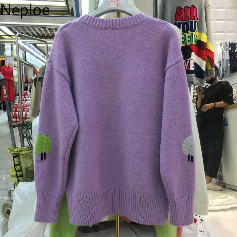 Neploe/ осенне-зимний винтажный Свободный вязаный пуловер с круглым вырезом и длинными рукавами, пуловер с овцой, толстый свитер с 3D рисунком