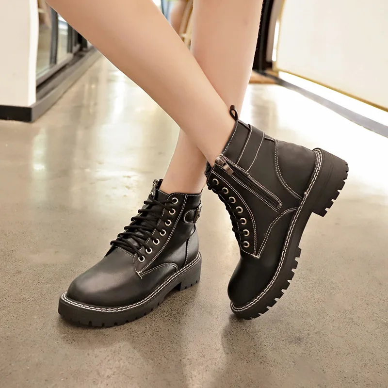 

Martin Boots Women's British-Style Semi-high Heeled Retro round-Toe Boots 2019 Autumn And Winter Lace-up Side Zipper Muffin Thic