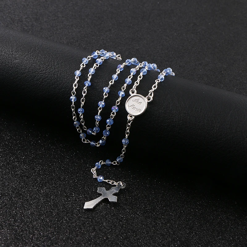 Коми синий четки бусины крест кулон длинное ожерелье для женщин мужчин католический Христос религиозная Подвеска "Иисус" ювелирные изделия подарок R-230 - Окраска металла: R-230