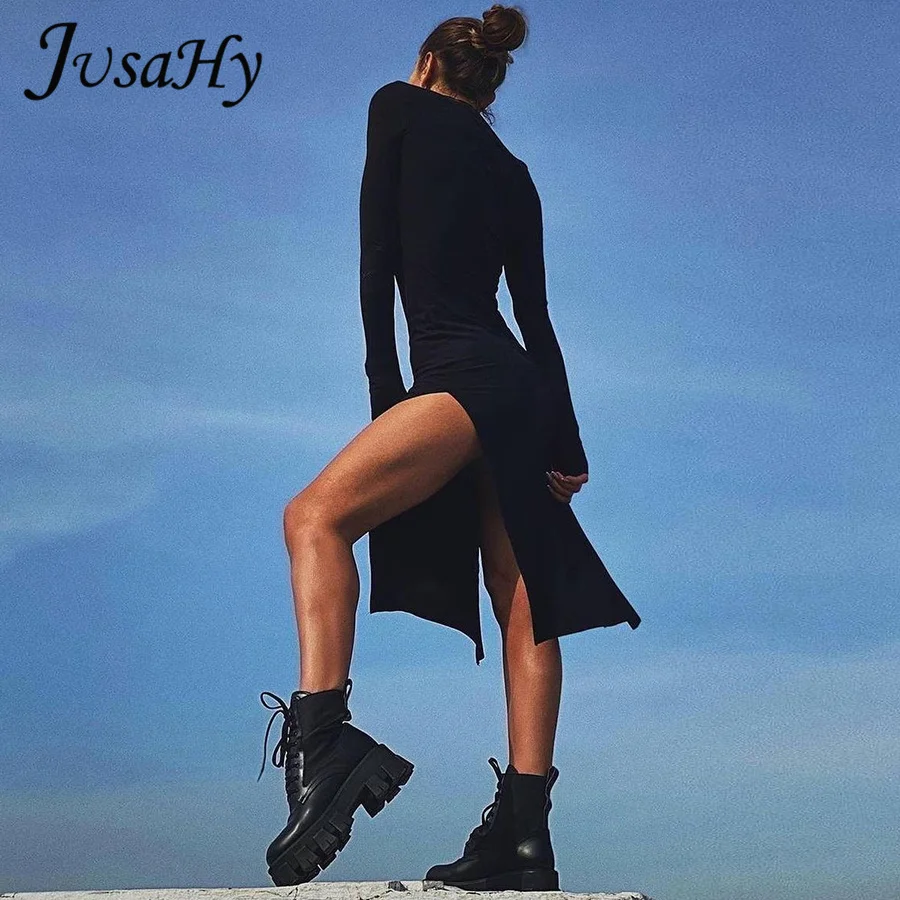 JuSaHy Elegant Knitted Solid Black Midi Dress for Women Fashion Turtleneck Long Sleeves Bodycon Side Slit Dress High Streetwear slip dress