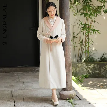 

SHENGPALAE Chinese Style 2020 Autumn And Winter Women's Jackets Warmth Turn-down Collar Hand-made Button Long Woolen Coat 5A329