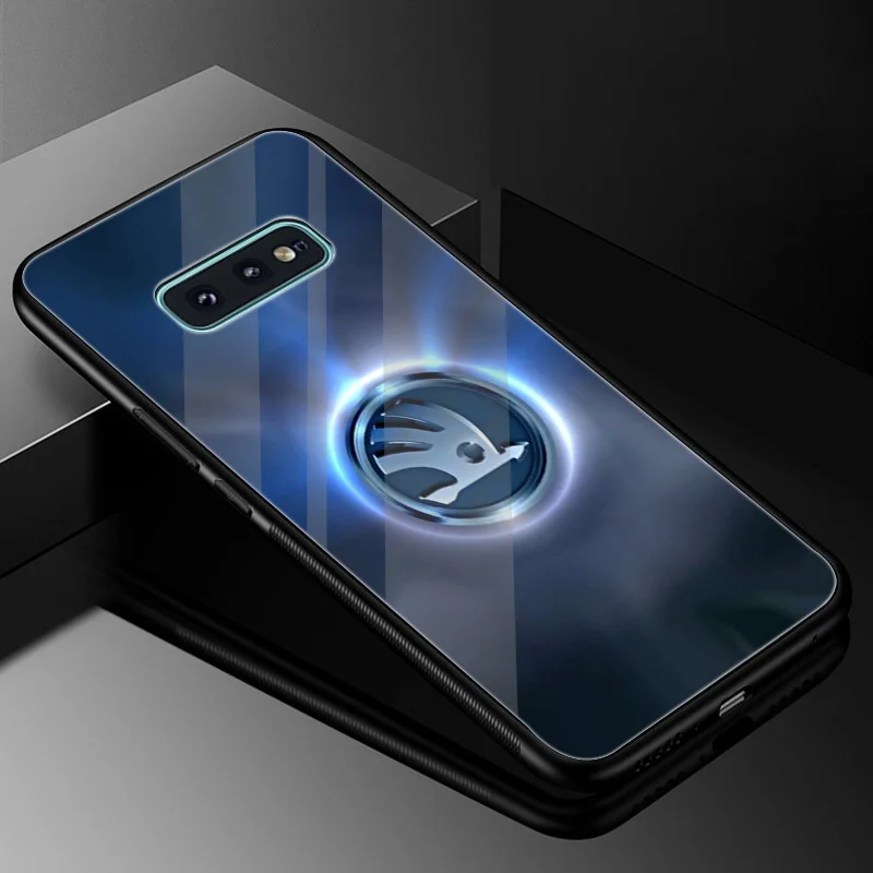 Телефон Стекло чехол из термопластичного полиуретана для samsung Galaxy A10 A20 A30 A40 A50 A60 A70 Note 8, 9, 10, S10 S7 край S8 S9 плюс для автомобиля Skoda крышка-задняя панель с логотипом