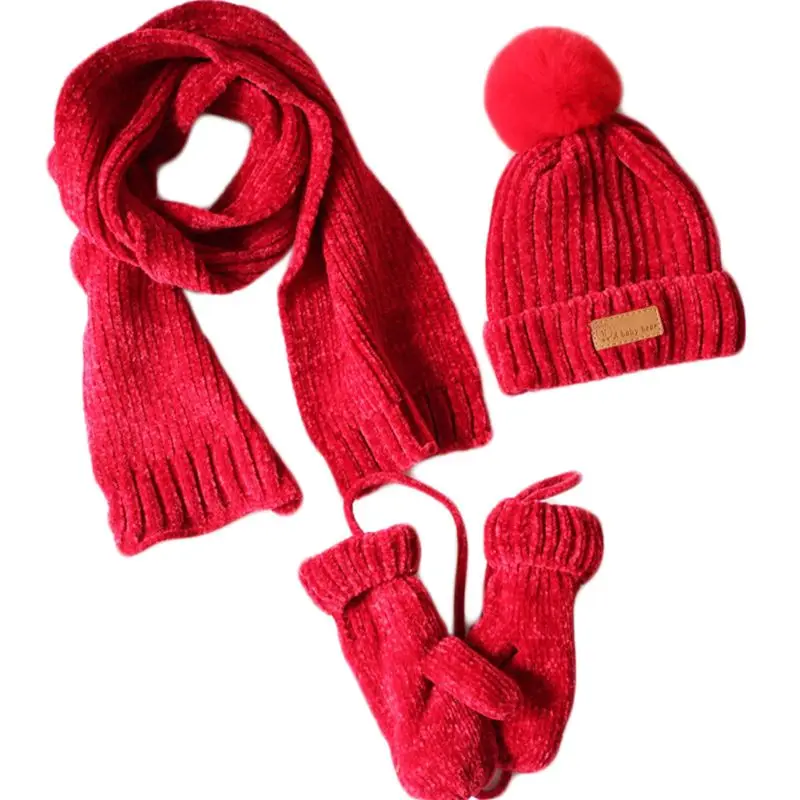 Комплект из 3 предметов для маленьких мальчиков и девочек, Шапочка-шарф и перчатки, вязаная шапка в рубчик с манжетами, детская зимняя теплая спортивная одежда для улицы - Цвет: Красный