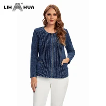 

LIH HUA Women's Plus Size Denim Jacket Women's Casual High End Stretch Knit Denim Jacket with Shoulder Pads Denim Jacket