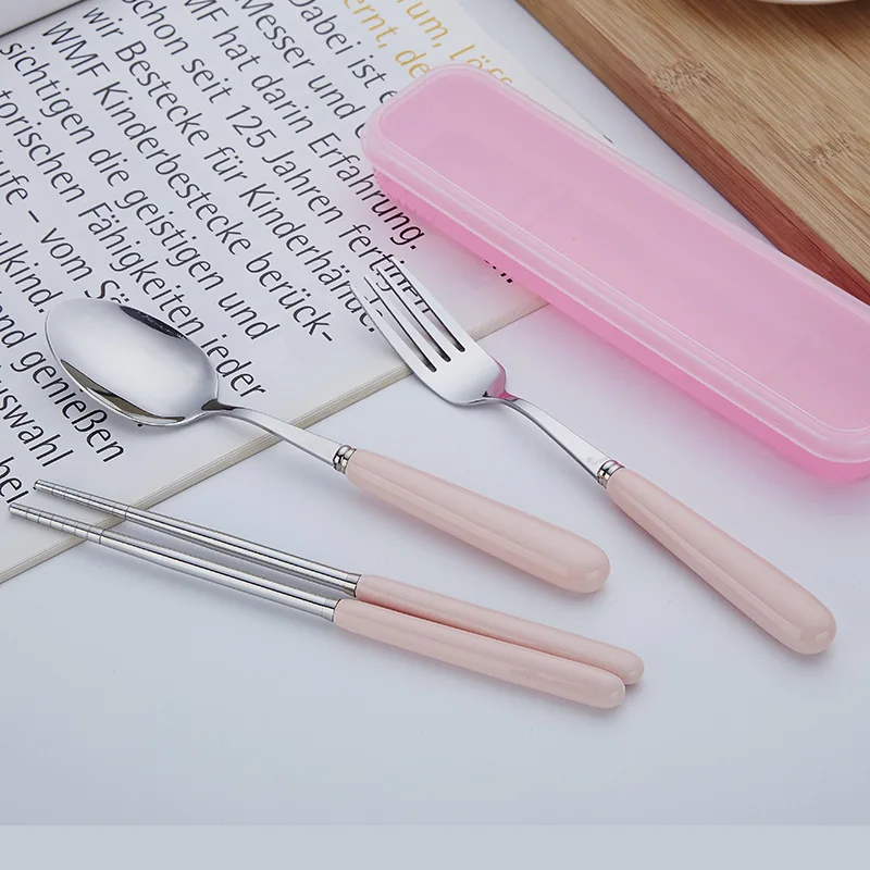 Macarons Color Coloured Glaze Ceramic Handle Stainless Steel Spoon Chopsticks Fork Tableware Set Portable Three-piece Set