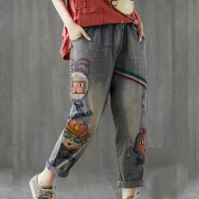 Новое поступление, весенние рваные джинсы с вышивкой в национальном стиле, Свободные повседневные джинсовые штаны, штаны-шаровары, женские штаны для бега
