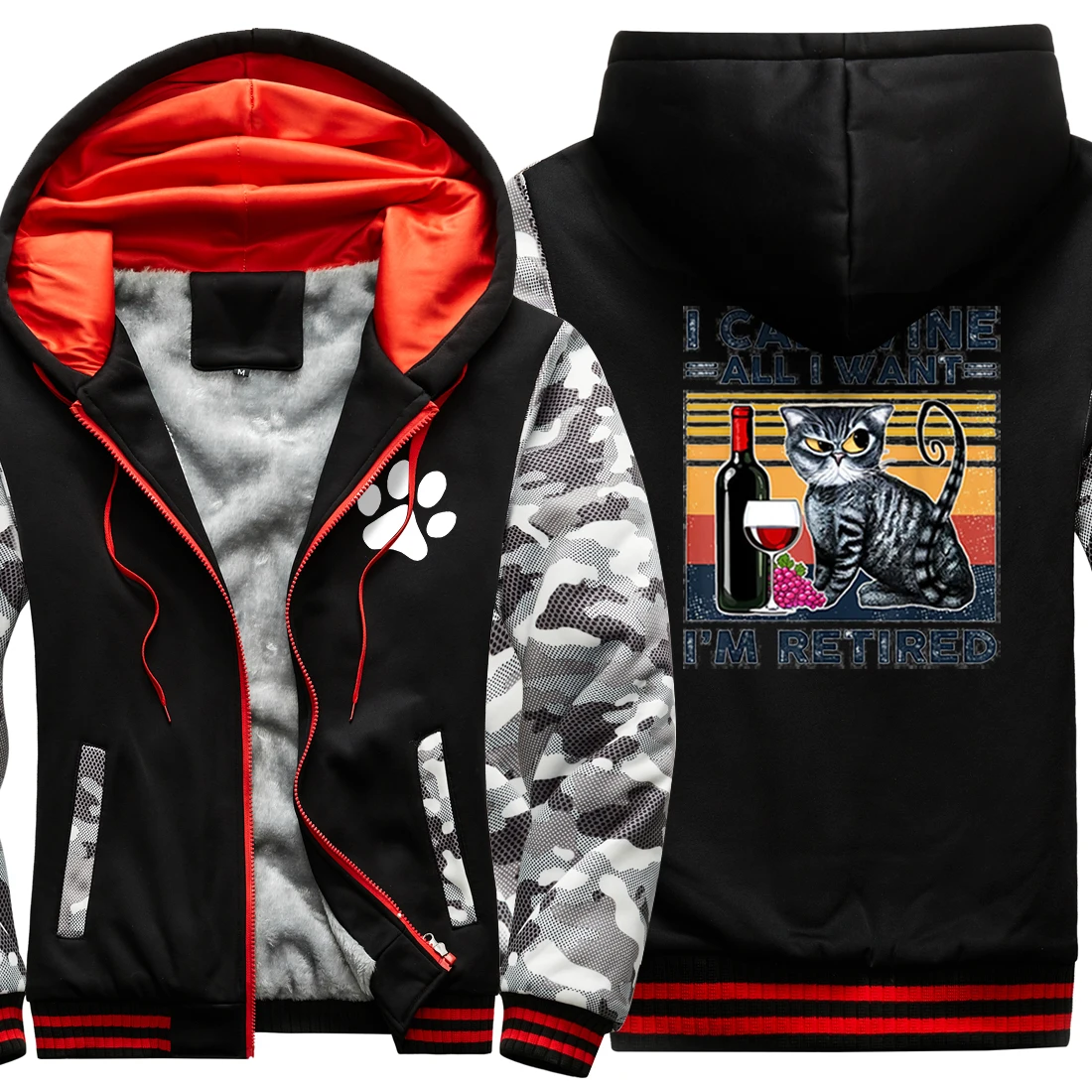 

I'm Retired Cat Camouflage Raglan Thicken Jackets For Mens Keep Warm Wool Liner Clothing Korean Style Fashion Sudadera Hombre
