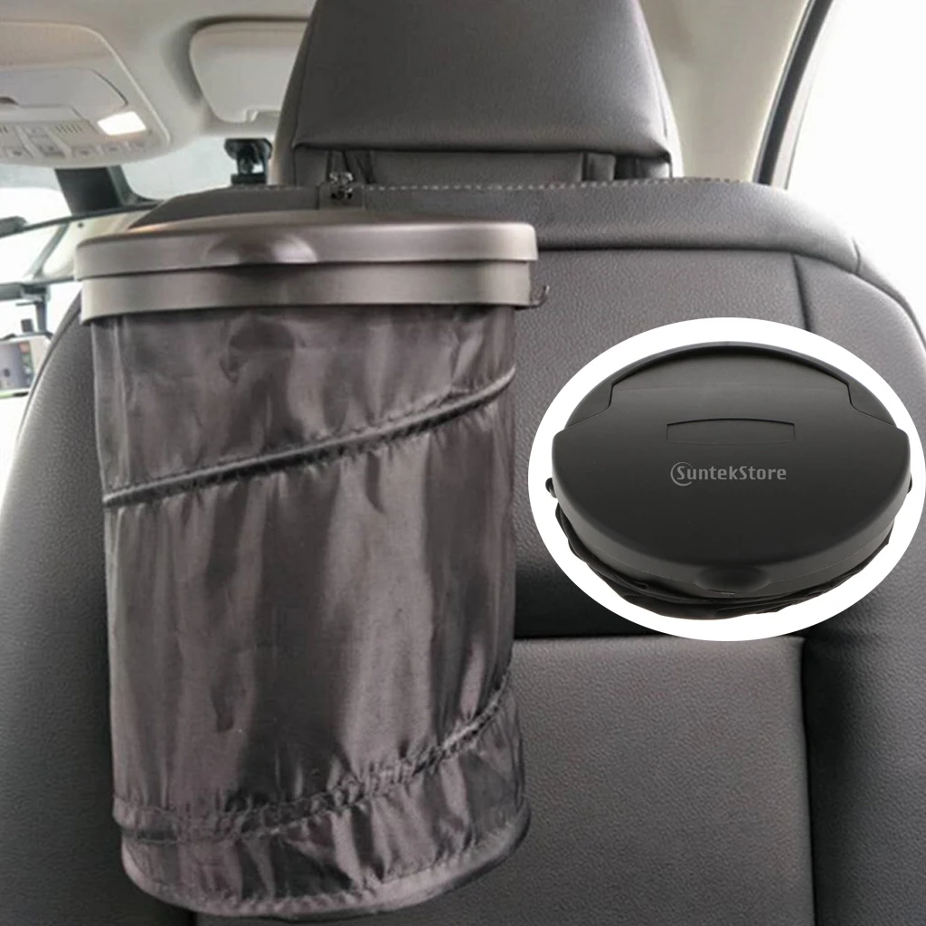 Plastic Folding Car Trash Can Car Garbage Bin Container Rubbish Bin Black With Flip Open Lid and Adjustable Hook