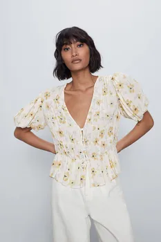 

2020 new Spring Summer European V-neck Flowing Loose Fit Print female Shirt zaraing vadiming sheining women dress XDN9679