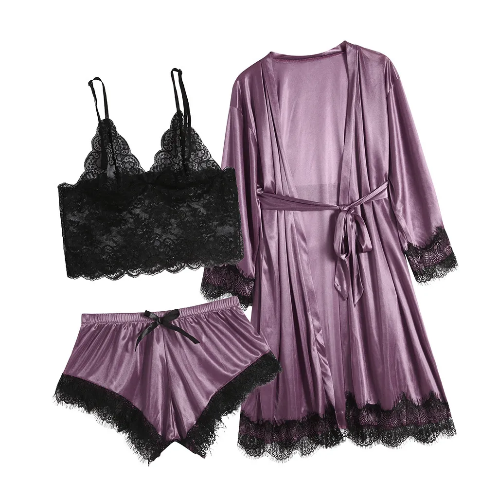 Purple Женская атласная пижама из 3 предметов, Пижама, сексуальное кружевное белье, ночное белье, шелковое ночное белье, домашняя одежда, Пижамный костюм 9,3 - Цвет: Purple