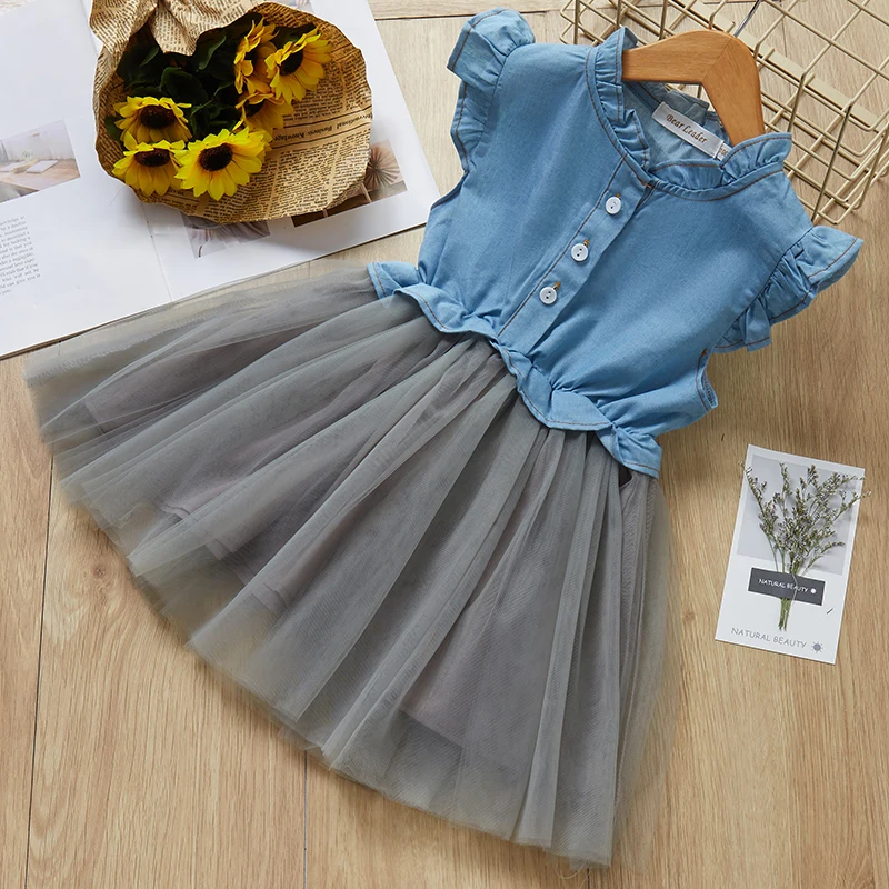 

Girls Princess Dresses 2019 Summer Denim Mesh Patchwork Party Dress for Girl Kids Dress Children Clothes for 3 7T Child Dress
