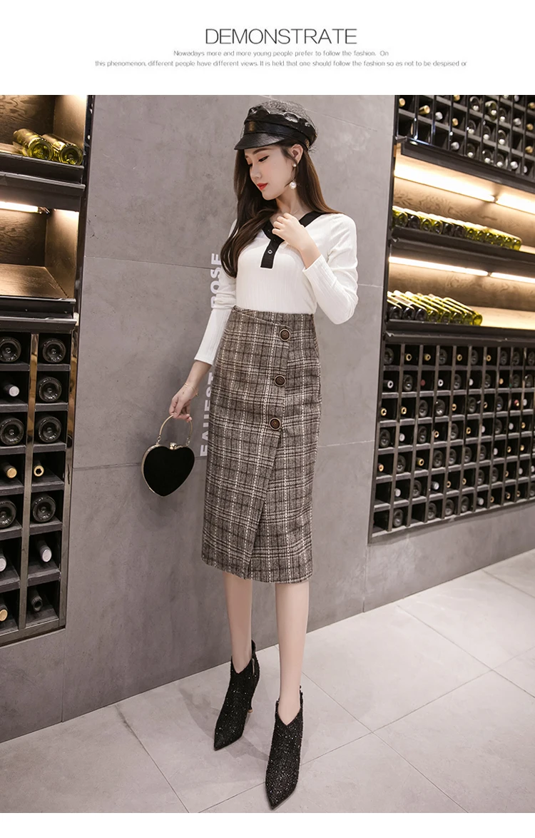KINOMI Autumn Winter Women's Vintage Woolen Plaid Midi Skirts High Waist Sheath Pencil Knee-Length Wrap Skirts Female New