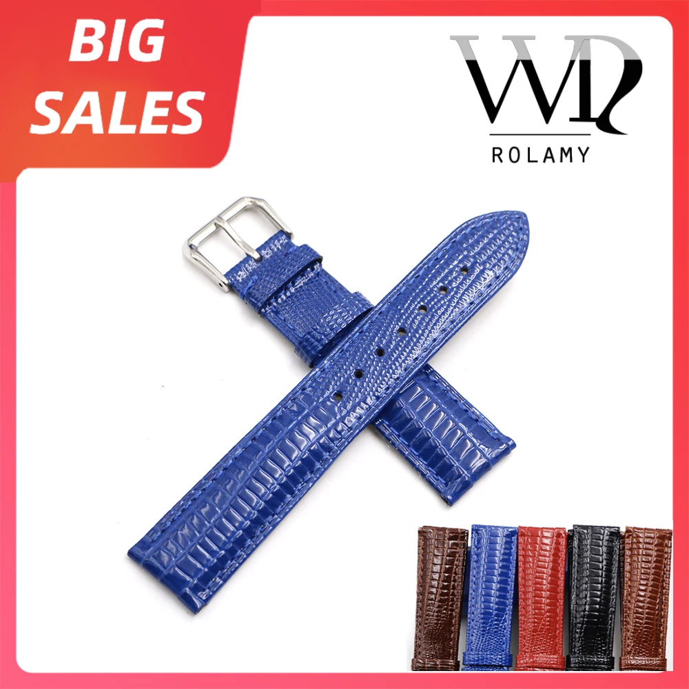 Rolamy 18 20 22Mm Cinturino Per Orologio In Vera Pelle Di Lucertola Blu Rosso Per Tag Heuer Omega Montblanc Panerai Rolex Tissot Iwc Breitling