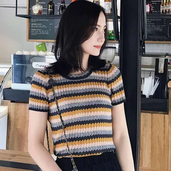 

Retro Breathable Ice Silk Woman T Shirts 2019 Summer Autumn Slim Striped T-Shirt Knit Short-Sleeved T-Shirts Yellow Tee Tops