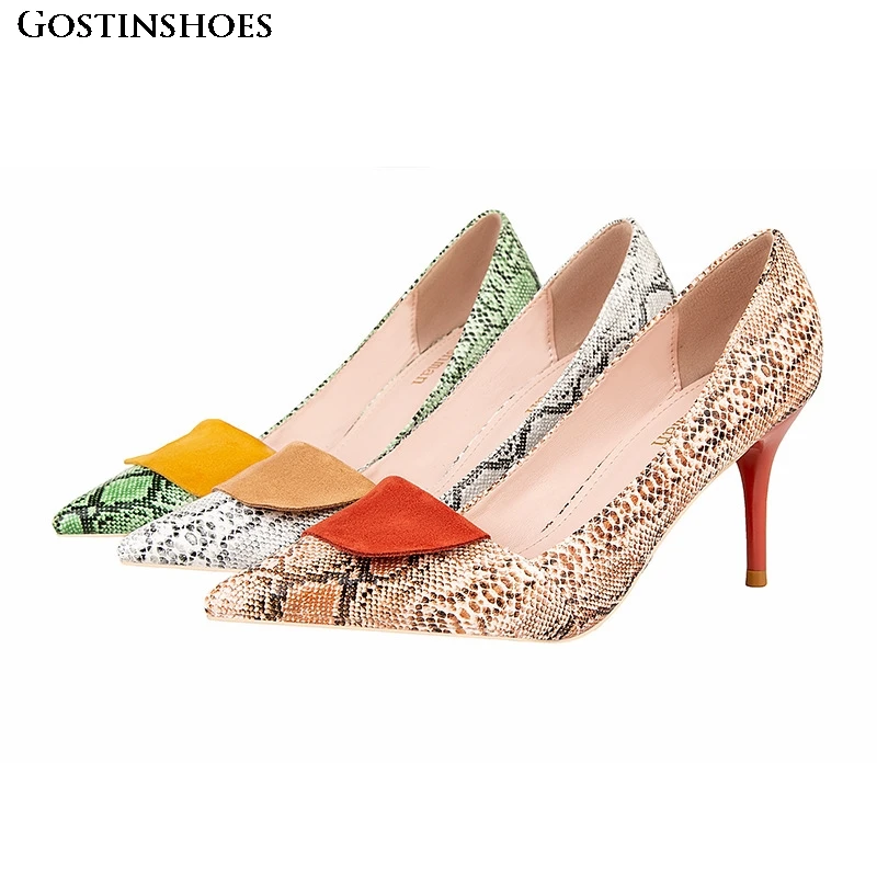 

Zapatos De Mujer Sexy Womens Heels Snakeskin Pattern Printed Shallow Pointed Slip On High Heels 7cm Thin Heel Bridal Shoes