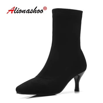 

Autumn Winter Ankle Boots Women Solid Suede Pumps Female Thin High Heels Pointed Toe Botas Zipper Classic Shoes Ladies Size 43