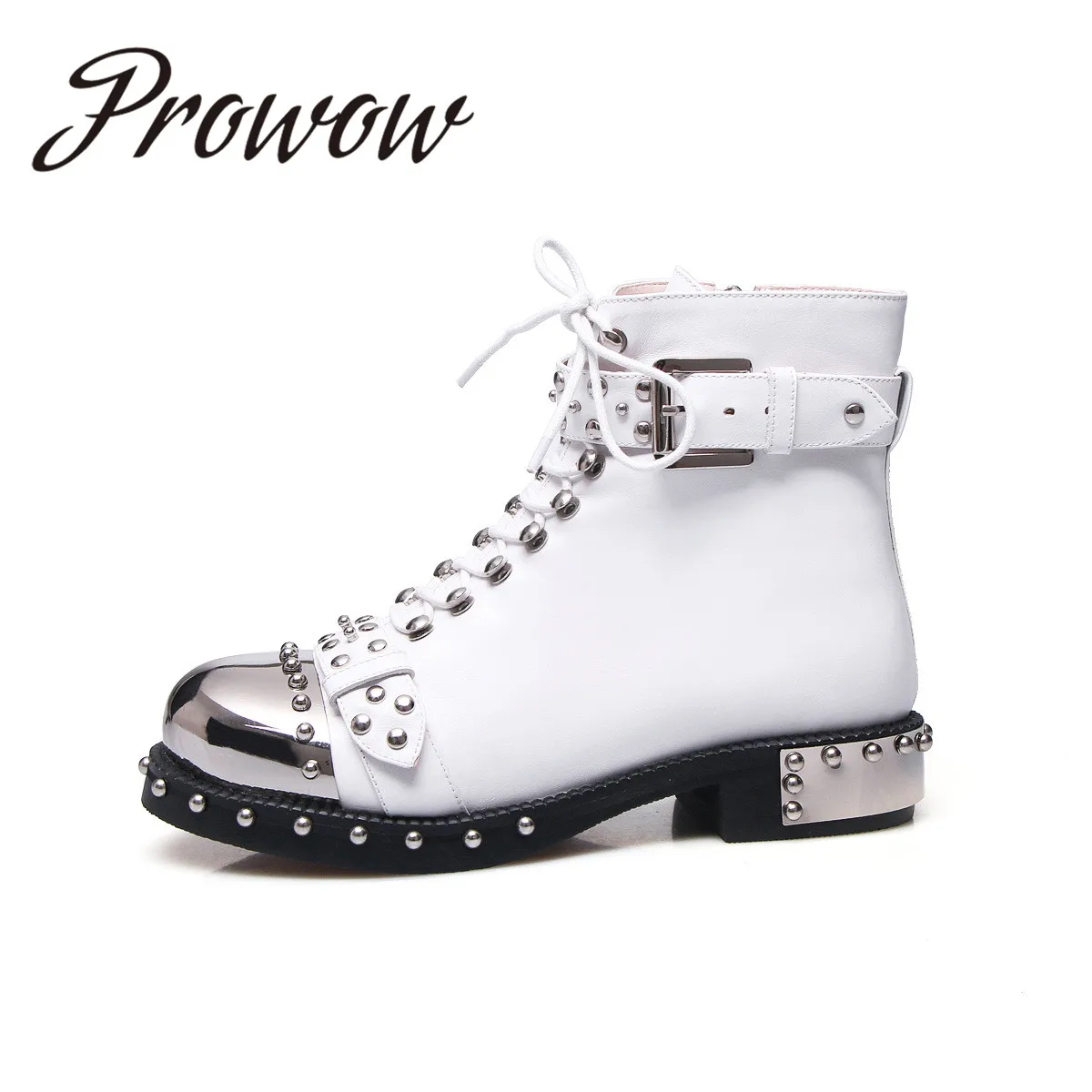 

Prowow New Genuine Leather Punk Meatal Studded Ankle Boots Round Toe Lace Up Low Heel Autumn Winter Boots Shoes Women